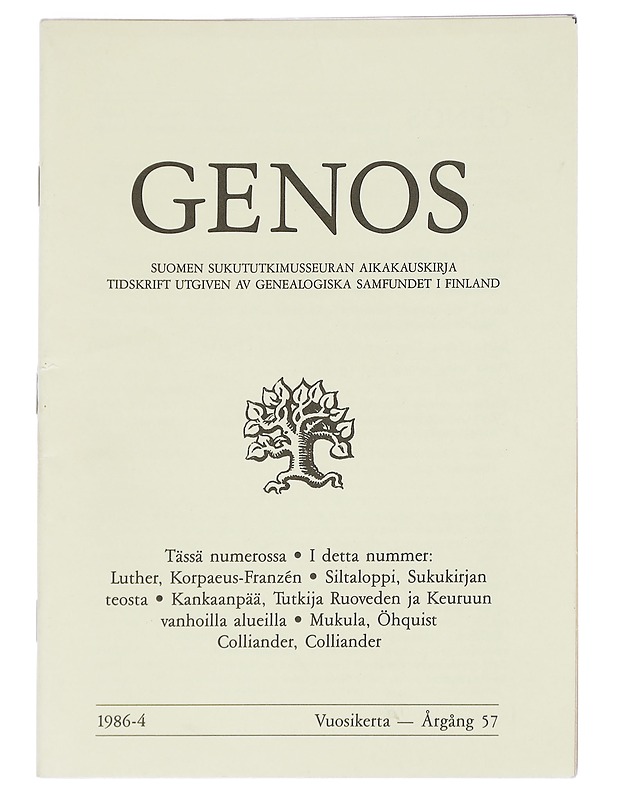Genos : Suomen sukututkimusseuran  1986 No. 4 - Lehdet - 10105613869 - 0