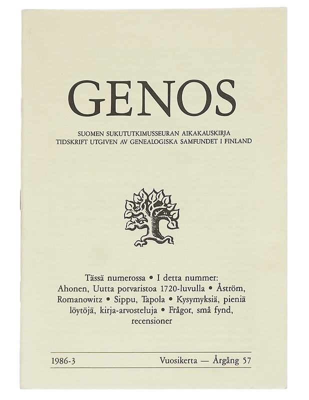 Genos : Suomen sukututkimusseuran  1986 No. 3 - Lehdet - 10105613873 - 0