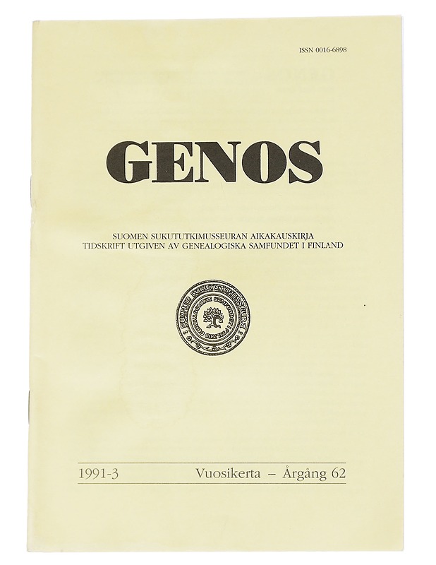 Genos : Suomen sukututkimusseuran  1991 No. 3 - Lehdet - 10105613937 - 0