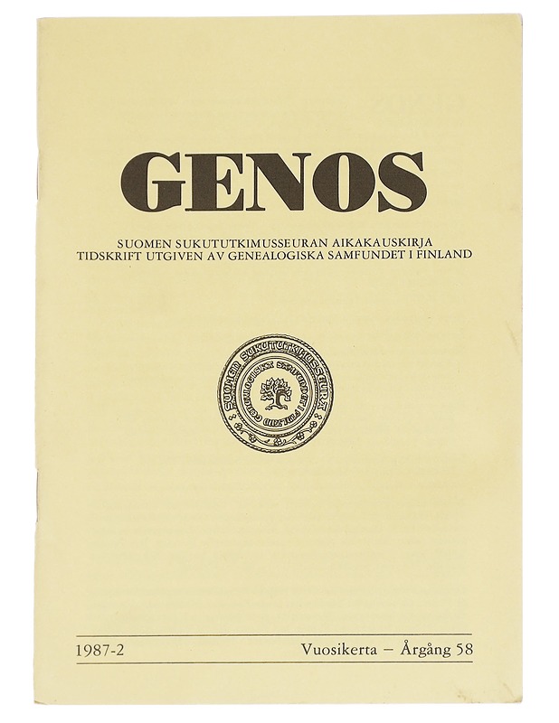 Genos : Suomen sukututkimusseuran  1987 No. 2 - Lehdet - 10105614254 - 0