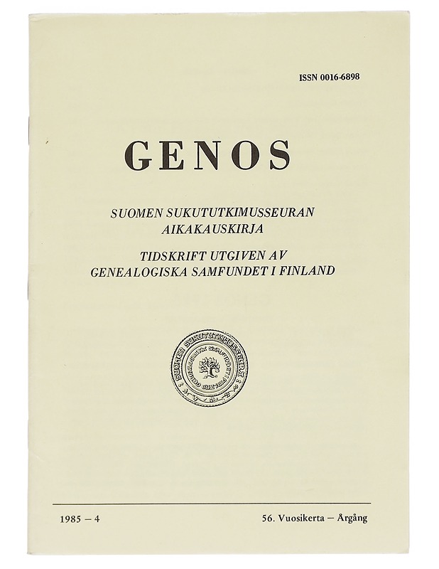 Genos : Suomen sukututkimusseuran  1985 No. 4 - Lehdet - 10105614275 - 0