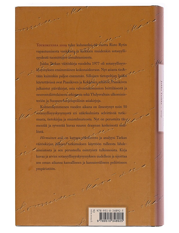 Hirmuinen asia : sotasyyllisyys ja historian taito - Jukka Tarkka - Tietokirjat ja oppaat - 10105620246 - 1