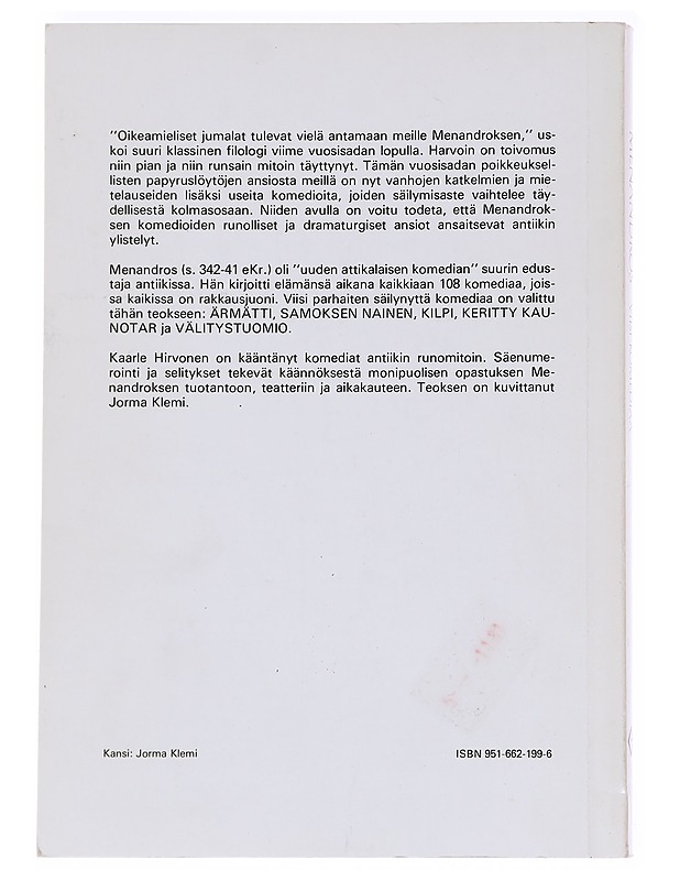 Viisi komediaa - Menandros, noin 342 eaa.-noin 291 eaa - Runot ja näytelmät - 10105629747 - 1