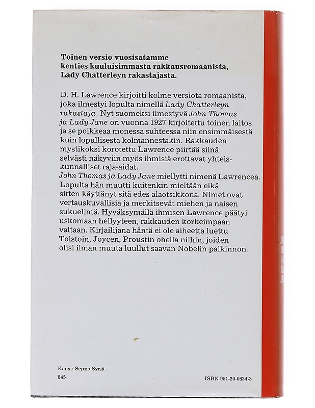 John Thomas ja Lady Jane  - Lawrence, D. H. - Romaanit ja novellit - 10105631673 - 1