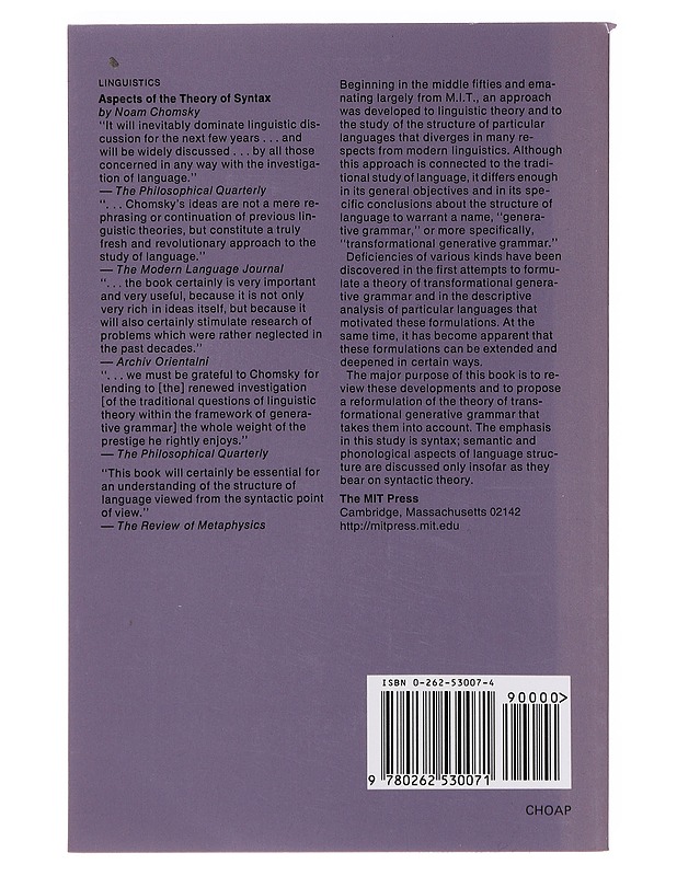 Aspects of the theory of syntax - Noam Chomsky - Tietokirjat ja oppaat - 10105635642 - 1