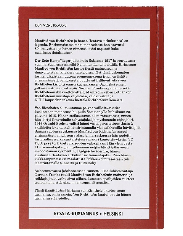 PUNAINEN HÄVITTÄJÄKONE - Richthofen, Manfred von - Elämäkerrat ja muistelmat - 10105640016 - 1